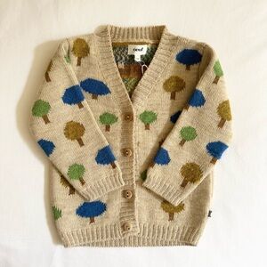 Oeuf NYC - Tree Motif Beige Baby Cardigan, Size 2-3Y